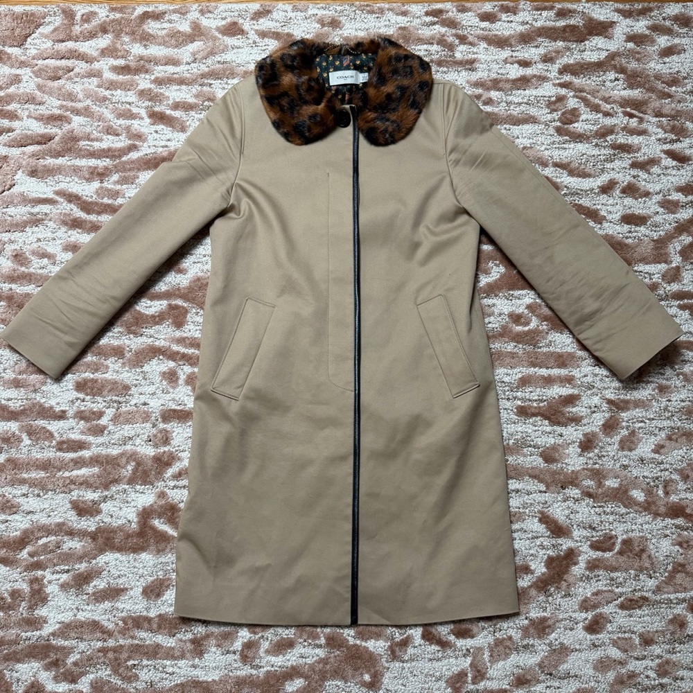 Coach Leather Trim Coat with Faux Fur Collar – Beige – Size 2 - Picture 3 of 11